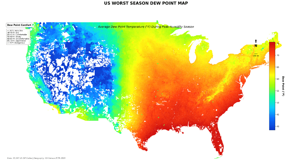 US Worst Season Dew Point Map