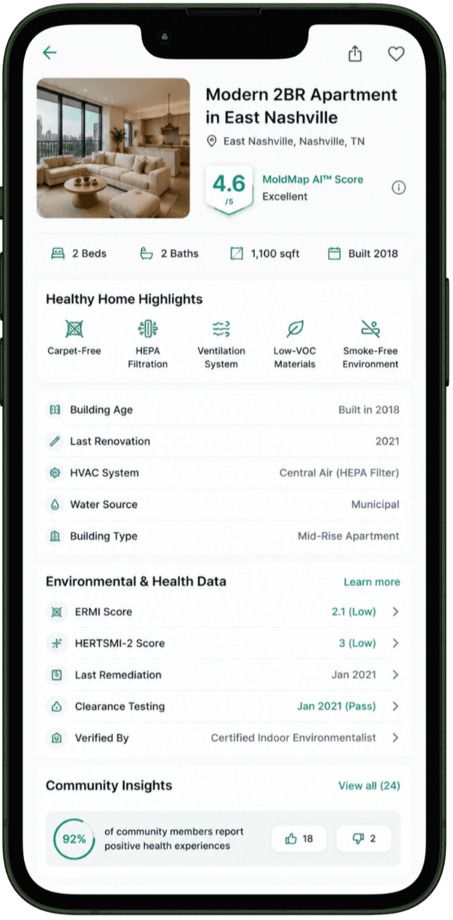 Moldmap mobile app showing hotel search and MoldMap AI risk scores